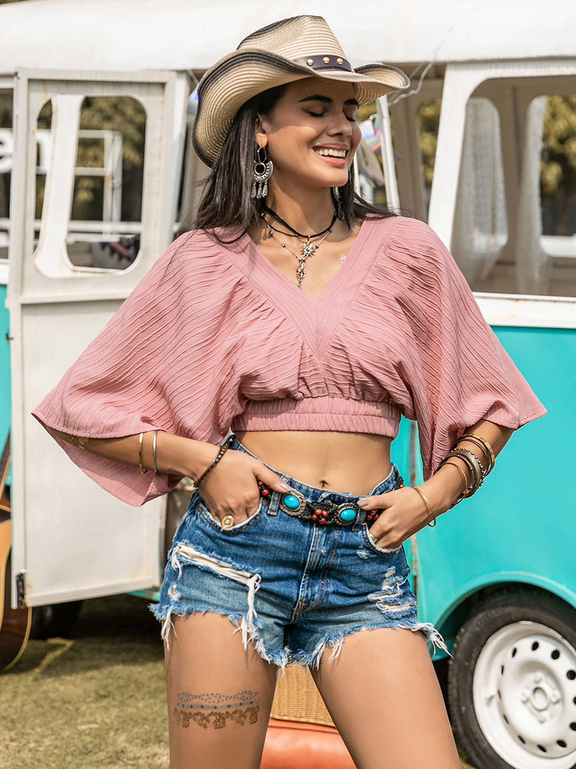 Dusty Pink Textured V-Neck Crop Top