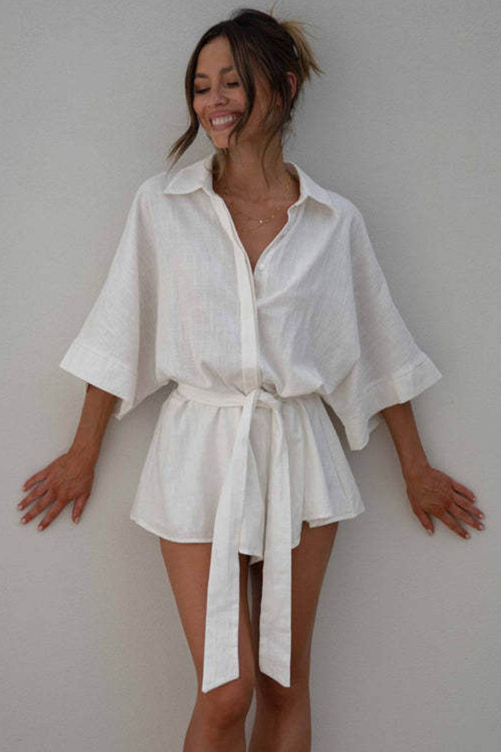 Tied Button Up Collared Neck Romper - Fashions Envy