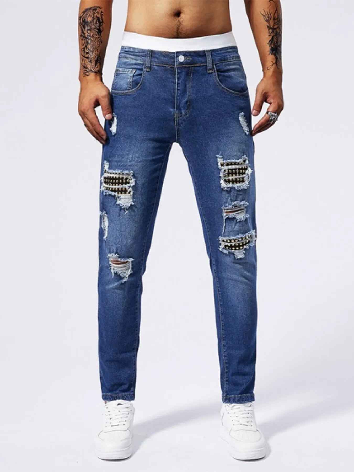 Men's Distressed Jeans - Studded Slim Fit Stretch Denim - Fashions Envy