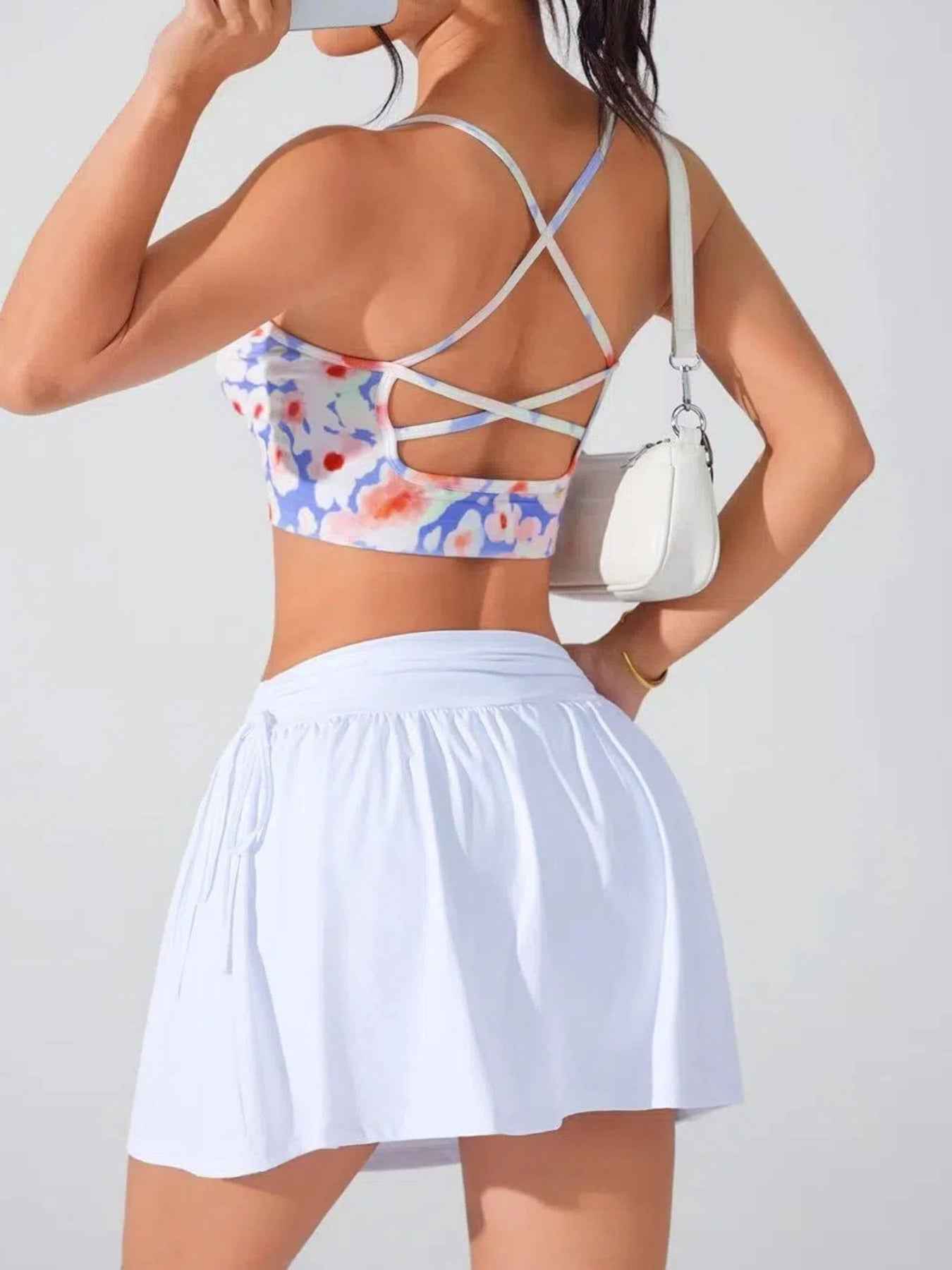 Floral Print Daily Sports Bra - Cross Thin-Strap