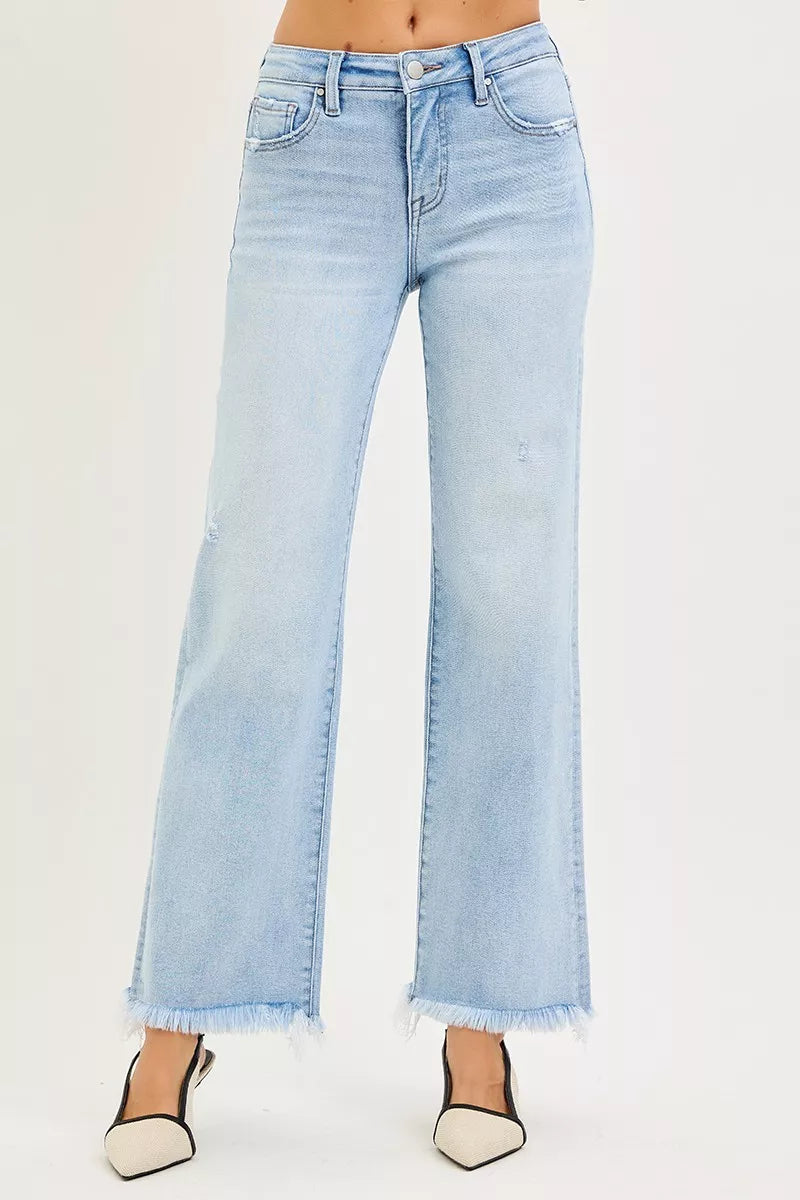 RISEN Ankle Straight Jeans - Tummy Control Mid Rise Fray Hem - Fashions Envy
