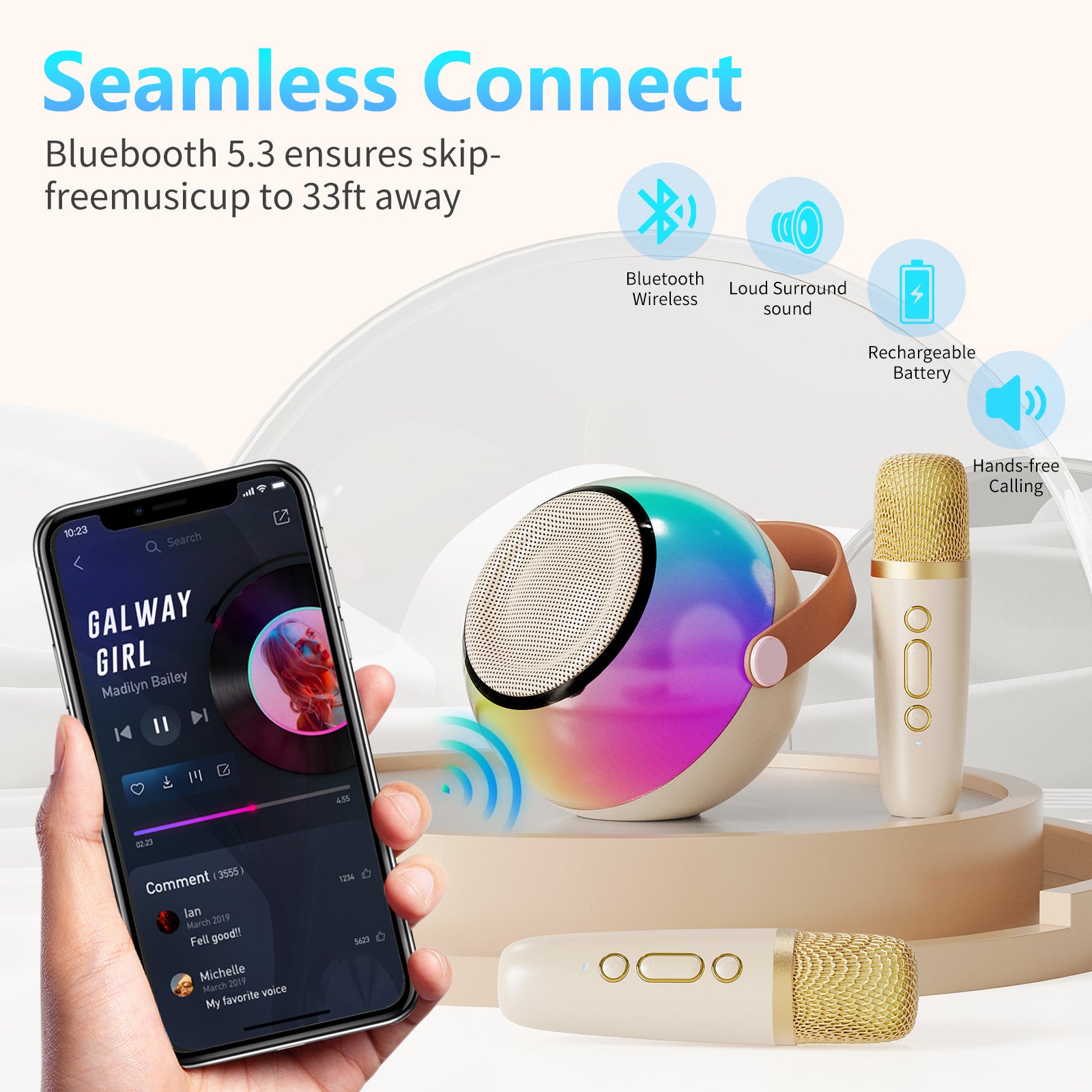 Trendsi mini karaoke machine with wireless microphones rainbow Bluetooth speaker and two gold mics