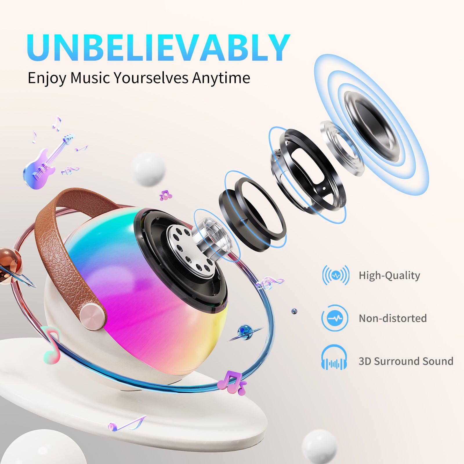 Trendsi colorful spherical mini karaoke machine with wireless microphones showing exploded speaker parts and surround sound