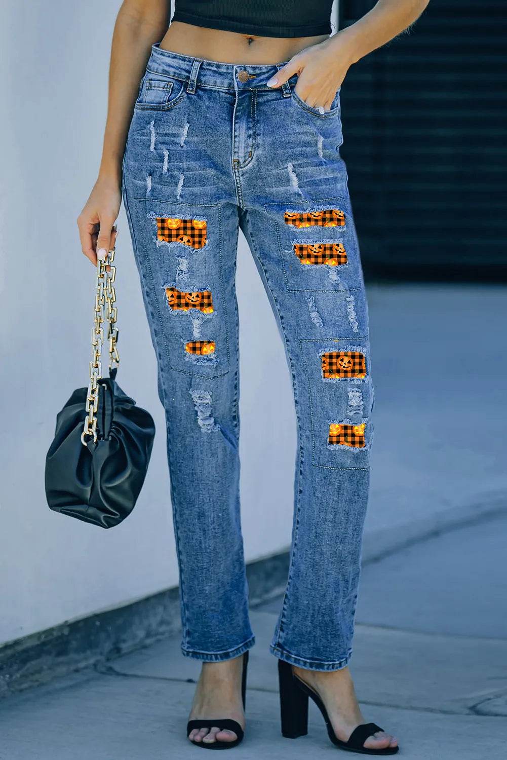 Distressed Pumpkin Pattern Jeans with Pockets - Fashions Envy