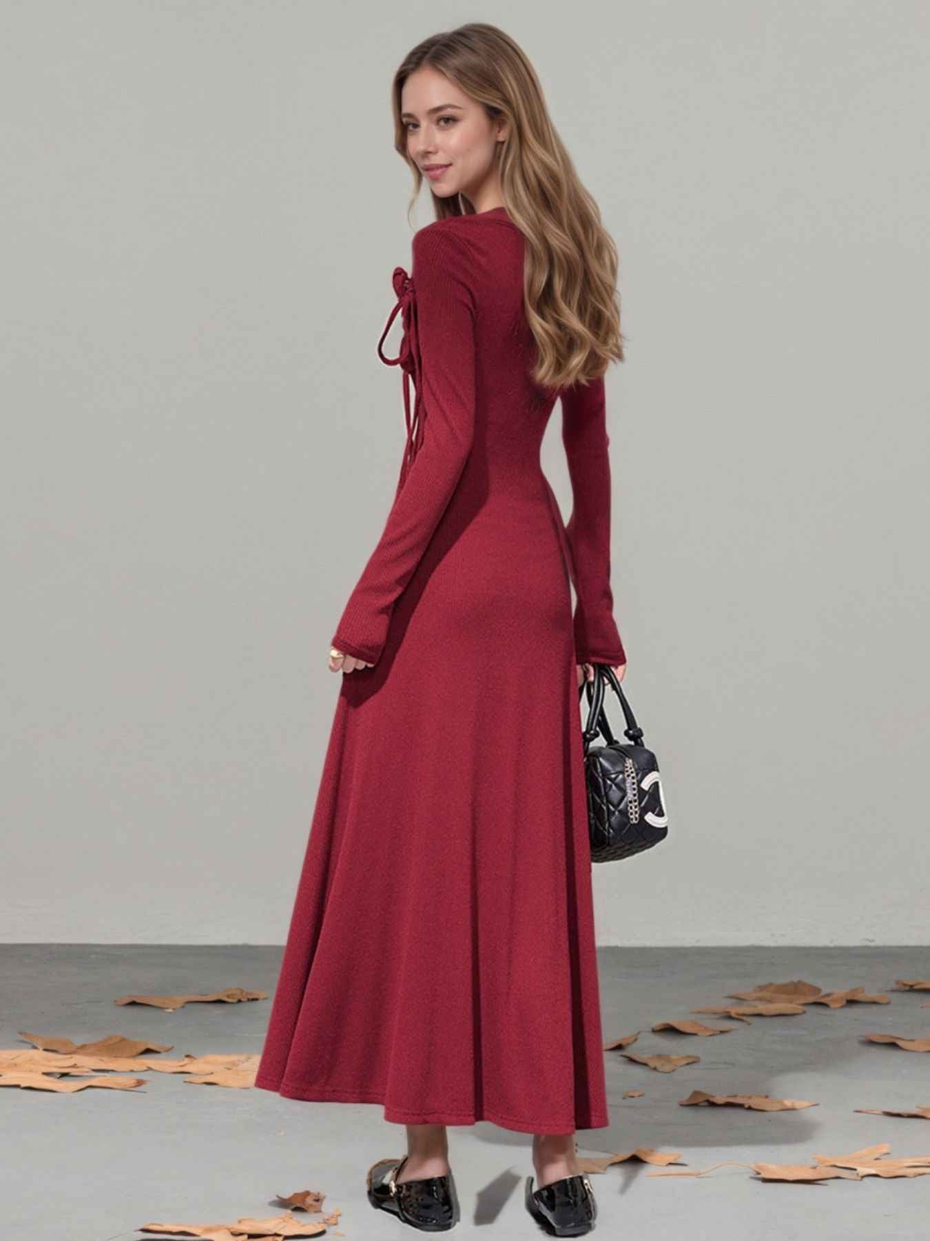 Long Sleeve Maxi Dress - Flower Asymmetrical Neckline Gown