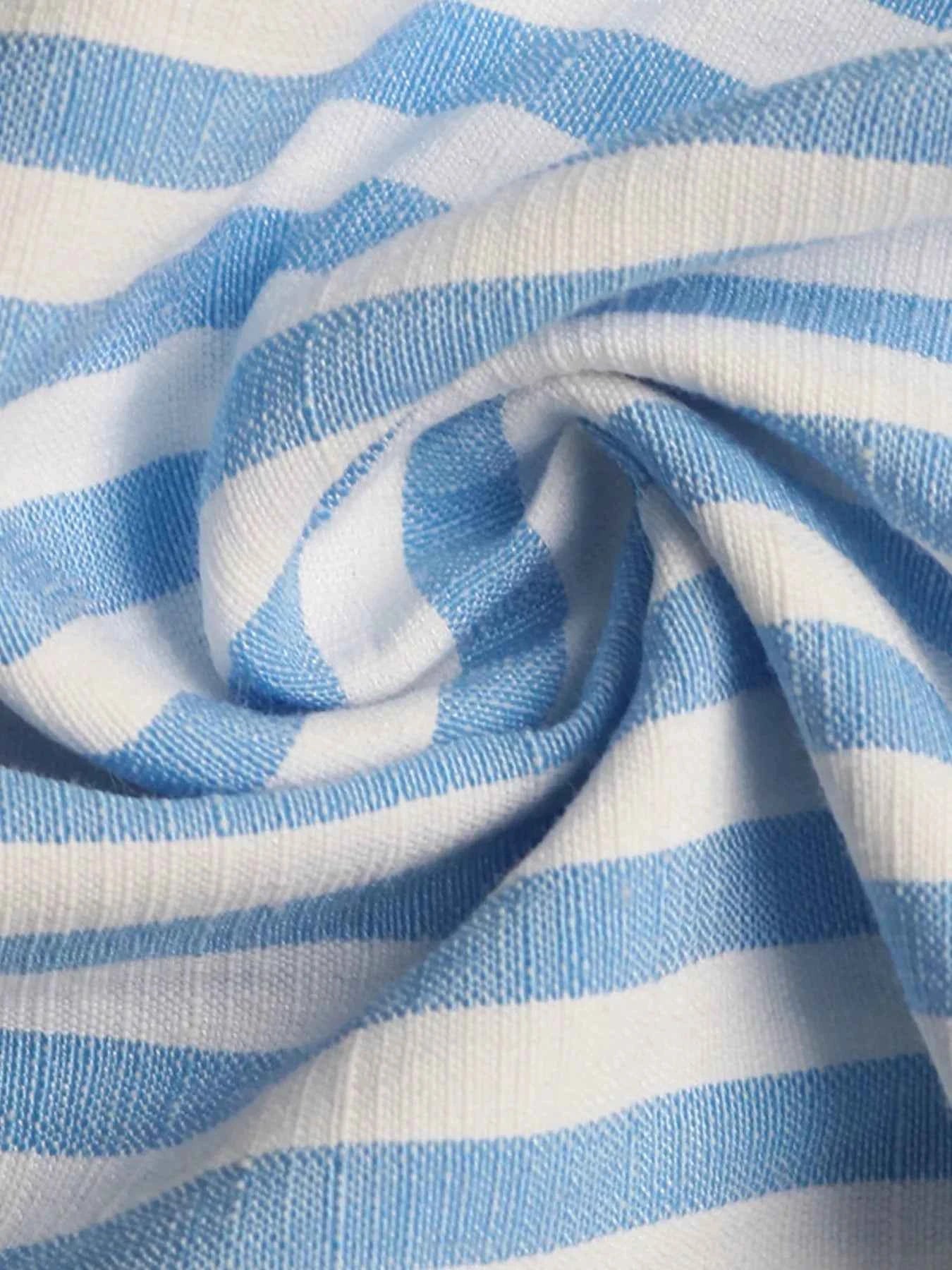 Light Blue Striped Mini Dress - Pom-Pom Hem Tie Front