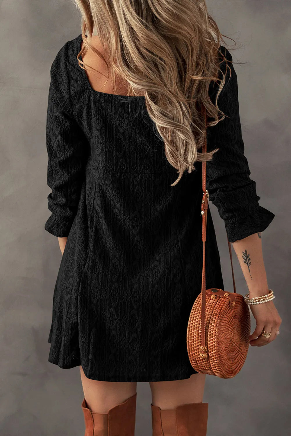 Decorative Button Textured Square Neck Mini Dress