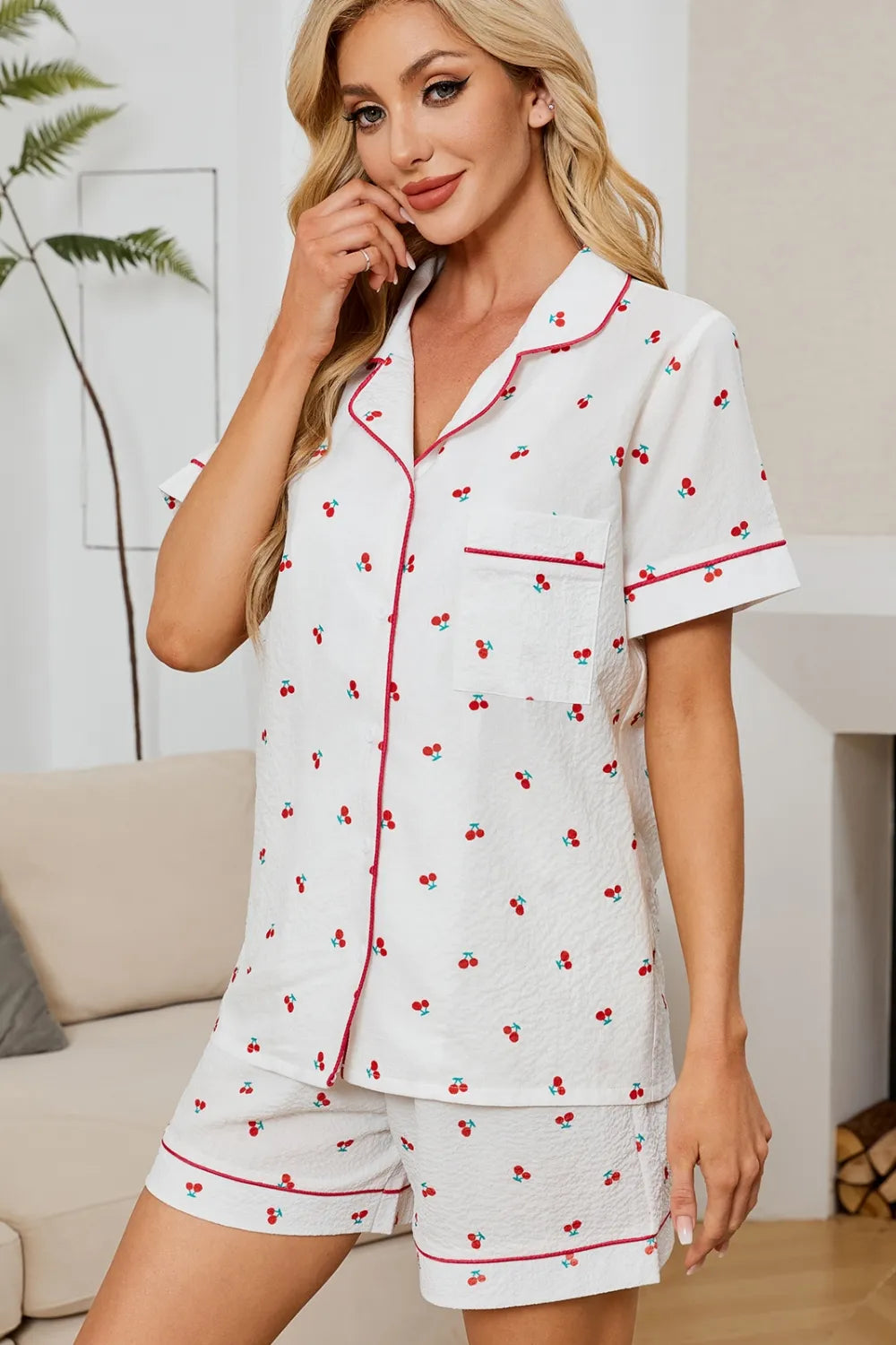 Cheery Print Lounge Set - Collared Top & Shorts Pajamas - Fashions Envy