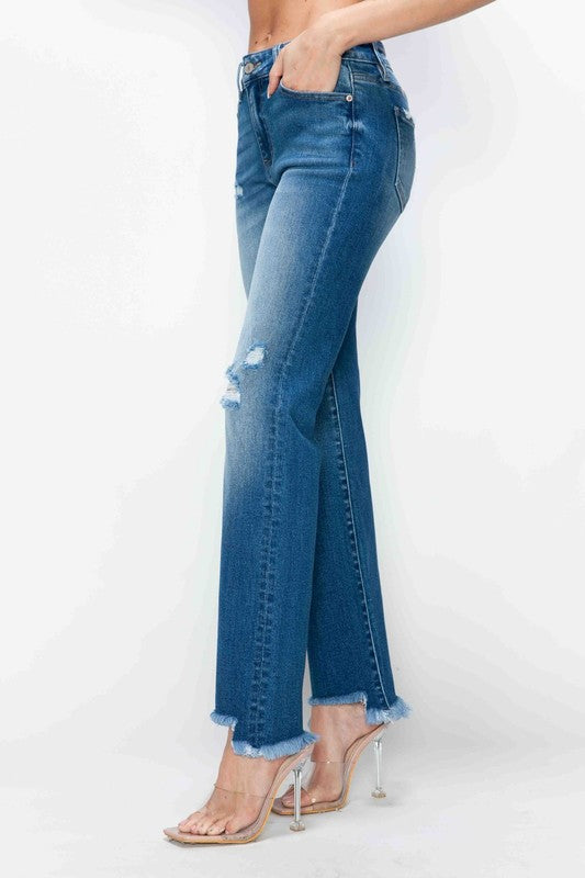 Full Size Raw Hem Distressed Mid Rise Straight Medium Blue Jeans