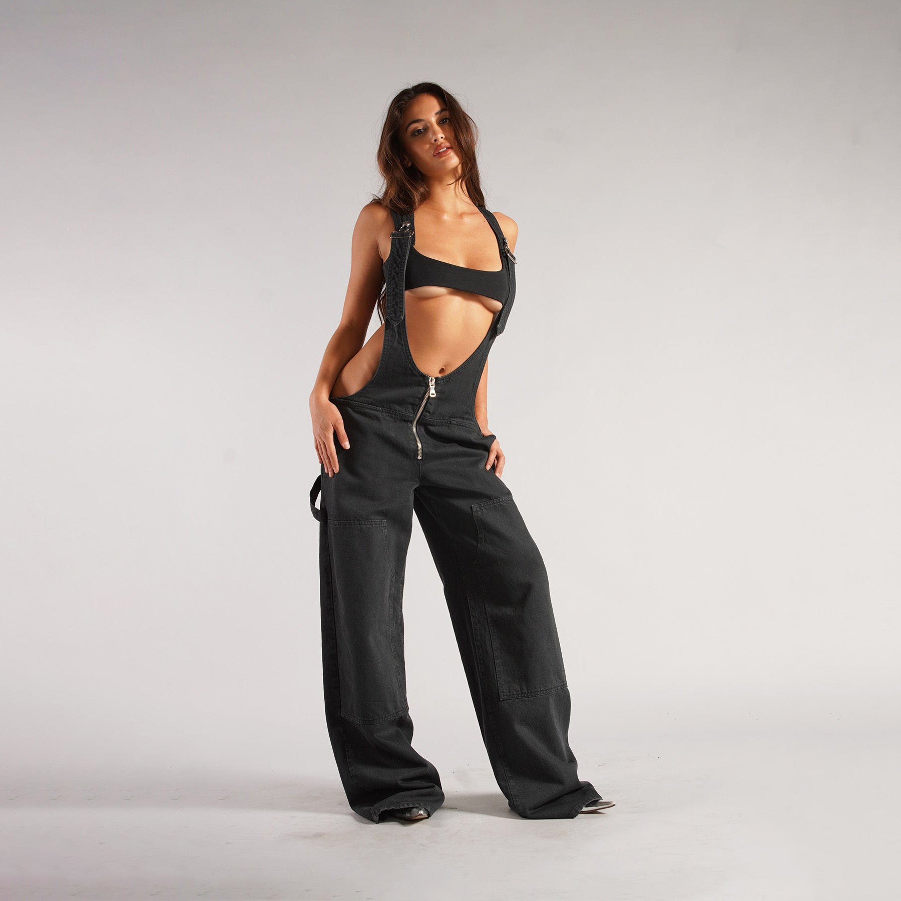 Denim Overalls - Y2K Zipper Suspender Wide Leg Jeans