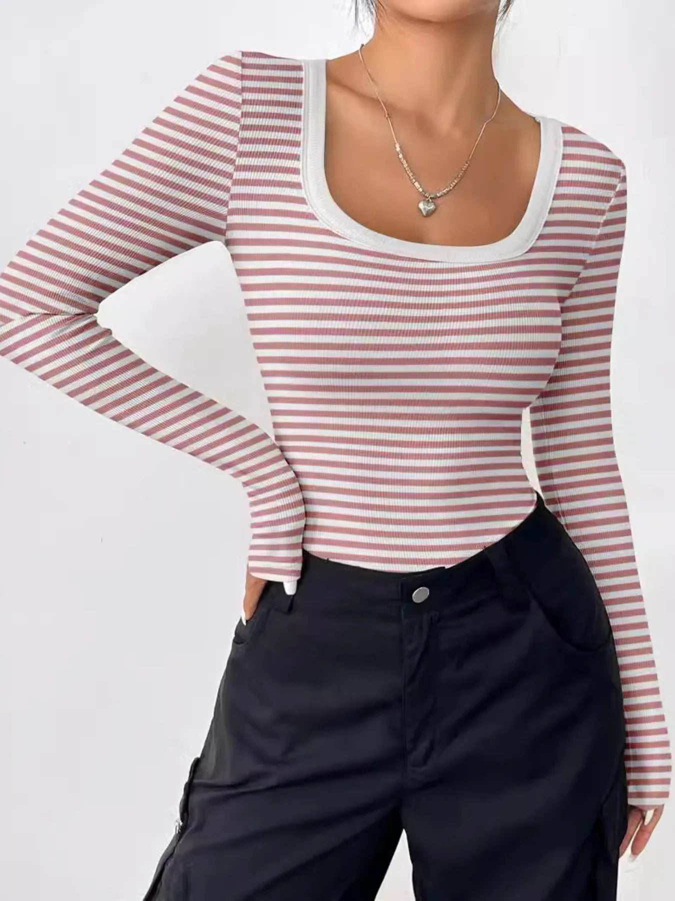 Trendsi Scoop Neck T-Shirt pink and white striped long sleeve fitted top with white trim styled with black pants