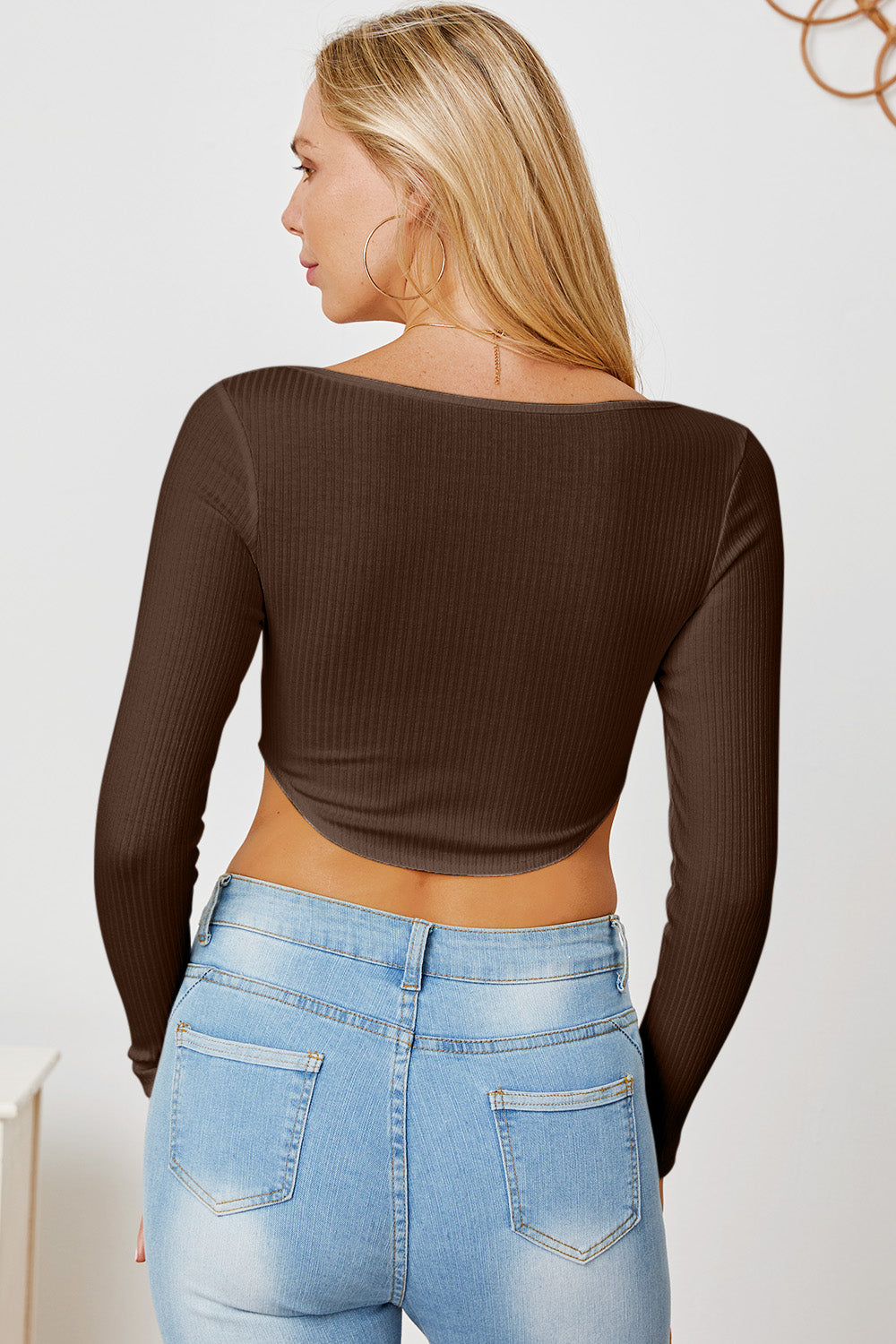 Ribbed Long Sleeve Sweetheart Neck T-Shirt