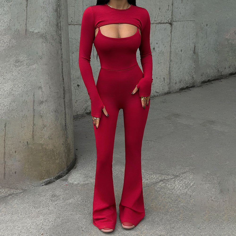 Long Sleeve Jumpsuit Set - Round Neck Tight Two-Piece