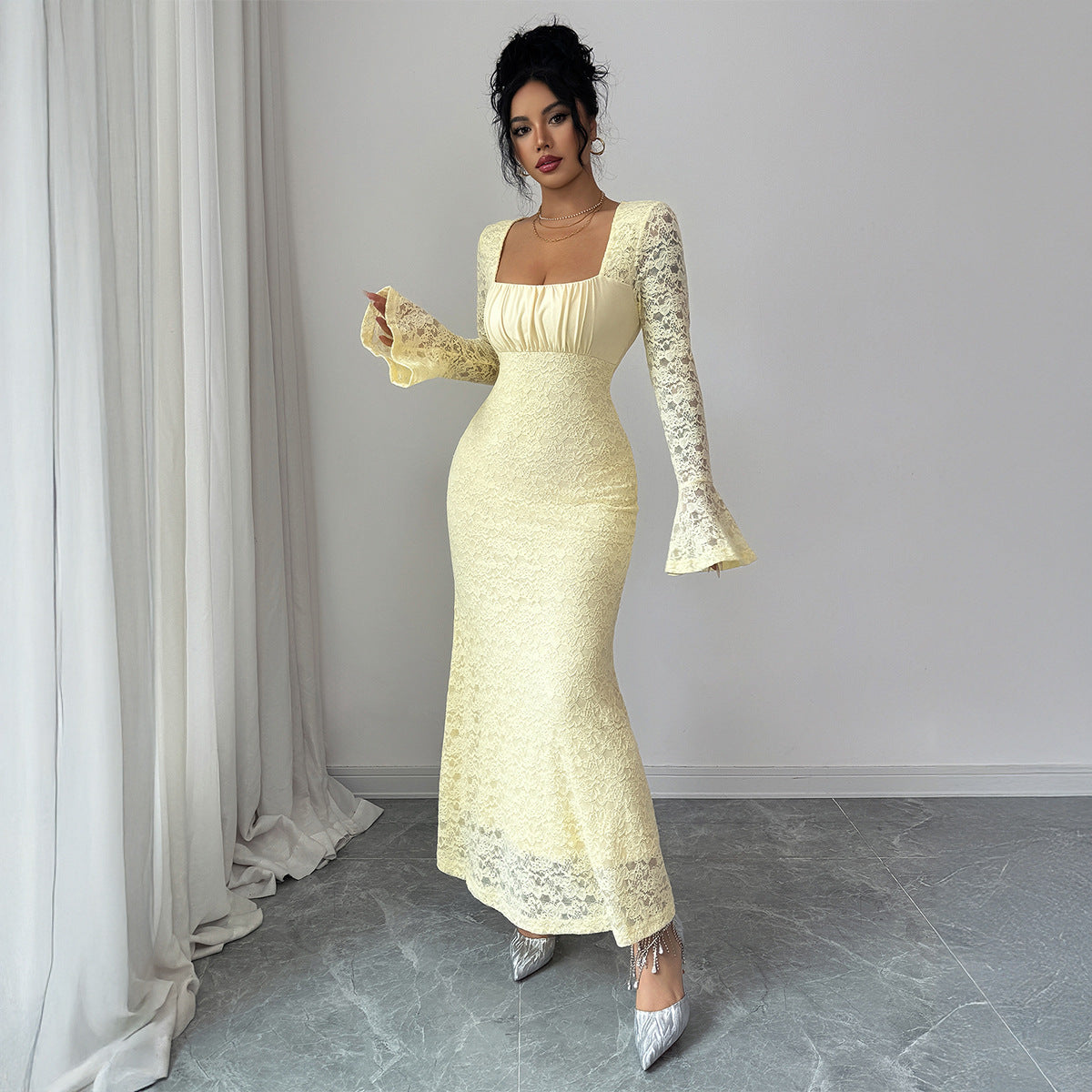 Elegant Lace Bodycon Maxi Dress - Chic Yellow Gown