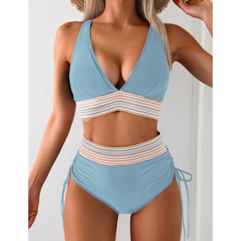 Women's High Waisted Bikini Sets - Two Piece Tummy Control Color Block Swimsuit
