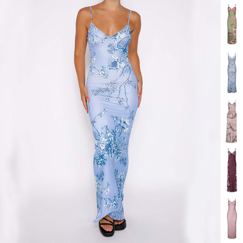 Y2K Sexy Bodycon Flower Print Maxi Slip Dress