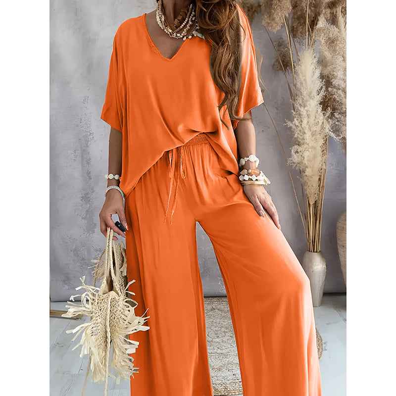 Two-Piece Lounge Set - V-Neck Top & Wide Leg Pants - Fashions Envy