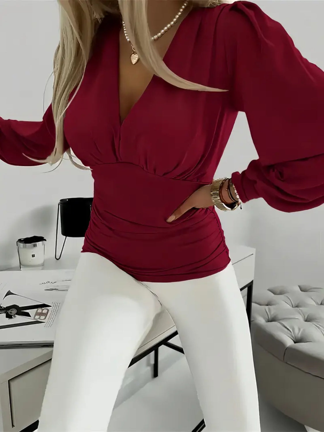 Ruched V-Neck Long Sleeve T-Shirt - Fashions Envy