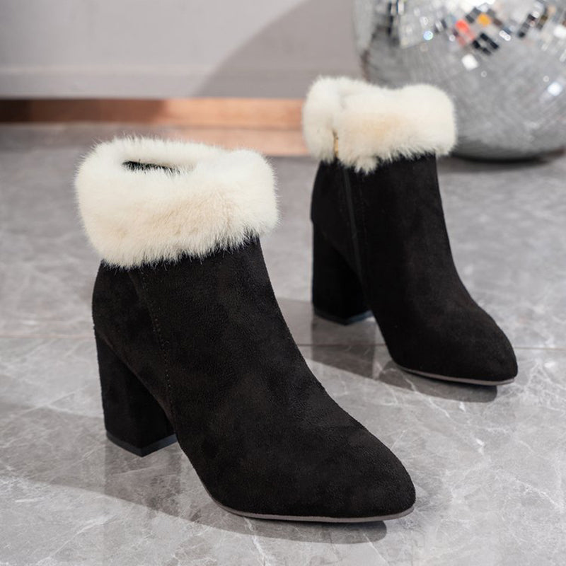 Plaid Ankle Boots - Furry Lined Square Heel Winter Boots