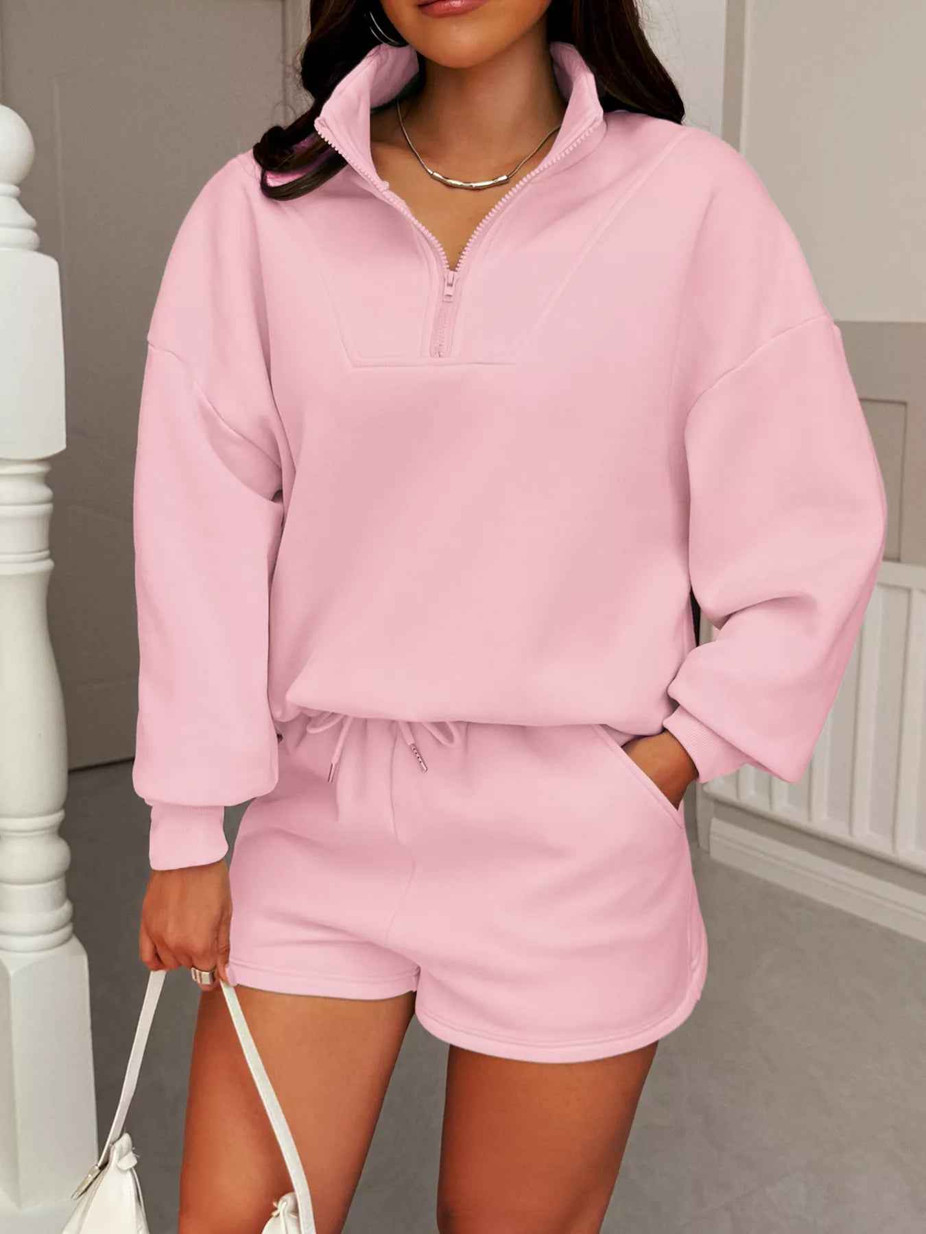 Zip-Up Sweatshirt & Shorts Set - Casual Loungewear - Fashions Envy