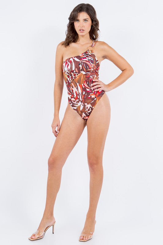 Floral Print One-shoulder One-piece Swimsuit
