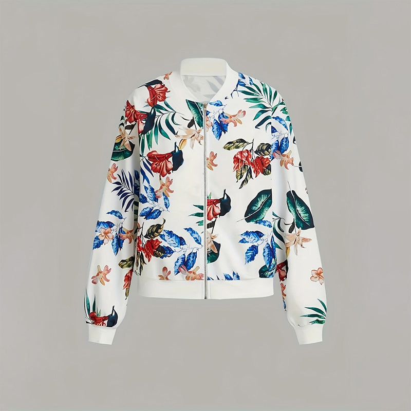 Women's Botanical Print Zip Jacket - Round Neck Spring Coat - Fashions Envy