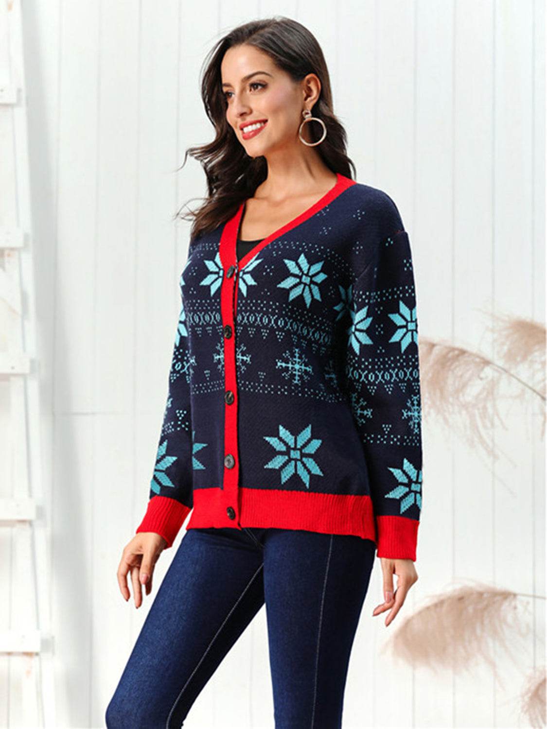 Snowflake Pattern Button Down Cardigan - Fashions Envy