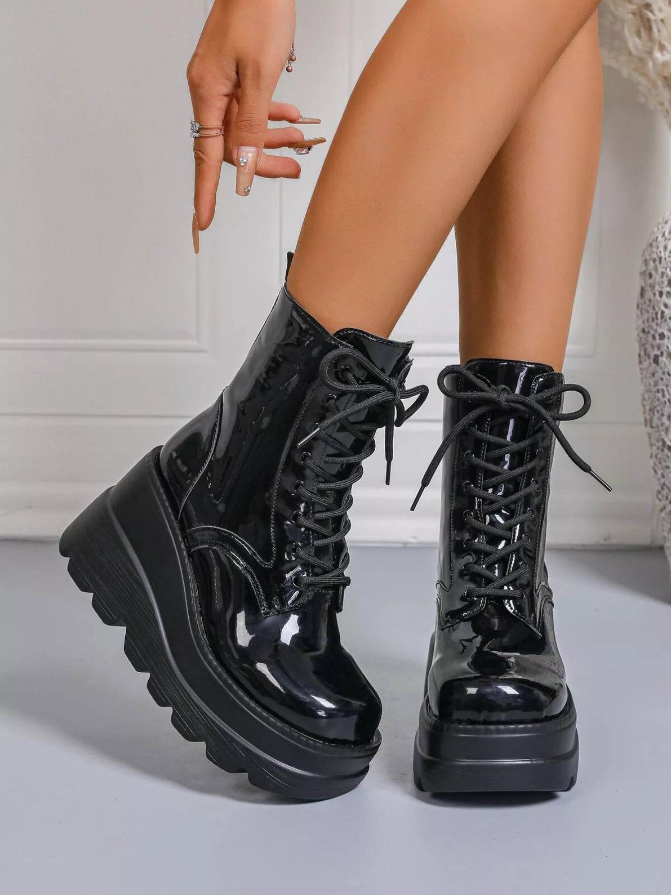 Lace Up Wedge Platform Boots - Low Heel Statement Boots - Fashions Envy