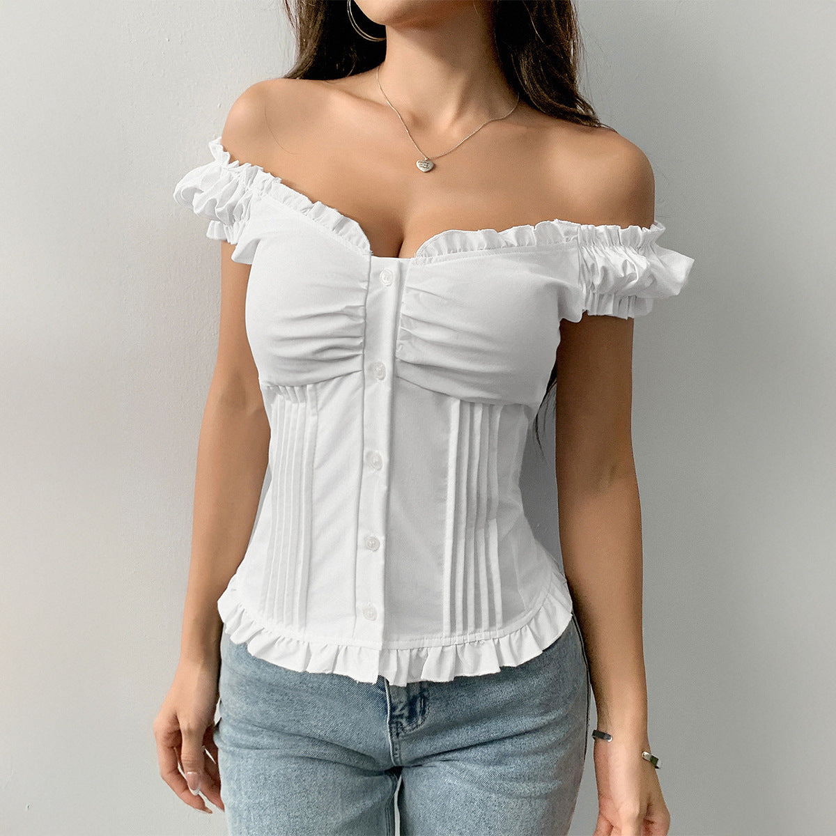 Off-Shoulder Ruffle Top - Button-Front Pleated Blouse