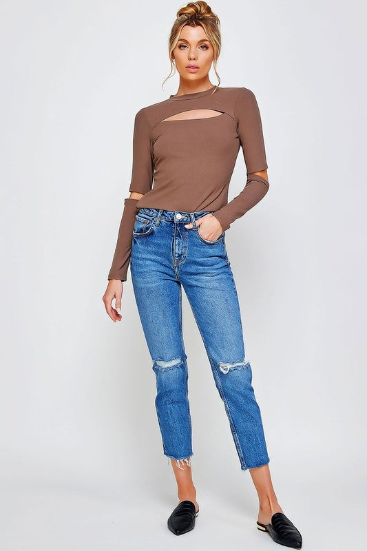 Ribbed Fitted Long Sleeve Top With Chest & Elbow Cutouts
