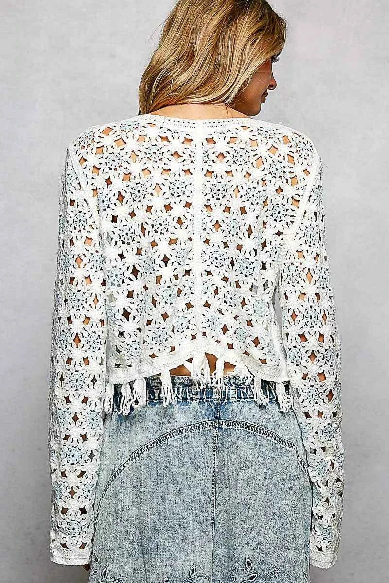 POL Openwork Floral Crochet Cardigan with Tassel Hem