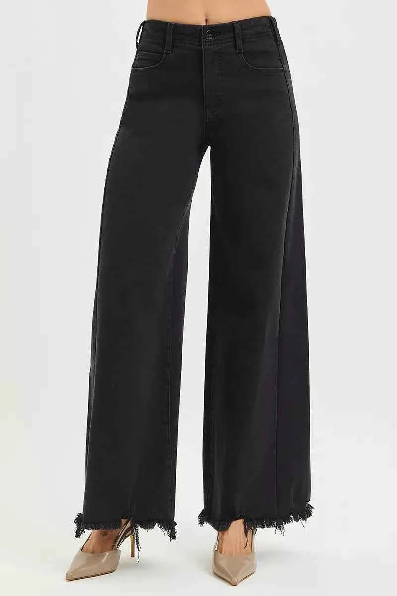 RISEN High Rise Palazzo Jeans - Tummy Control Frayed Hem