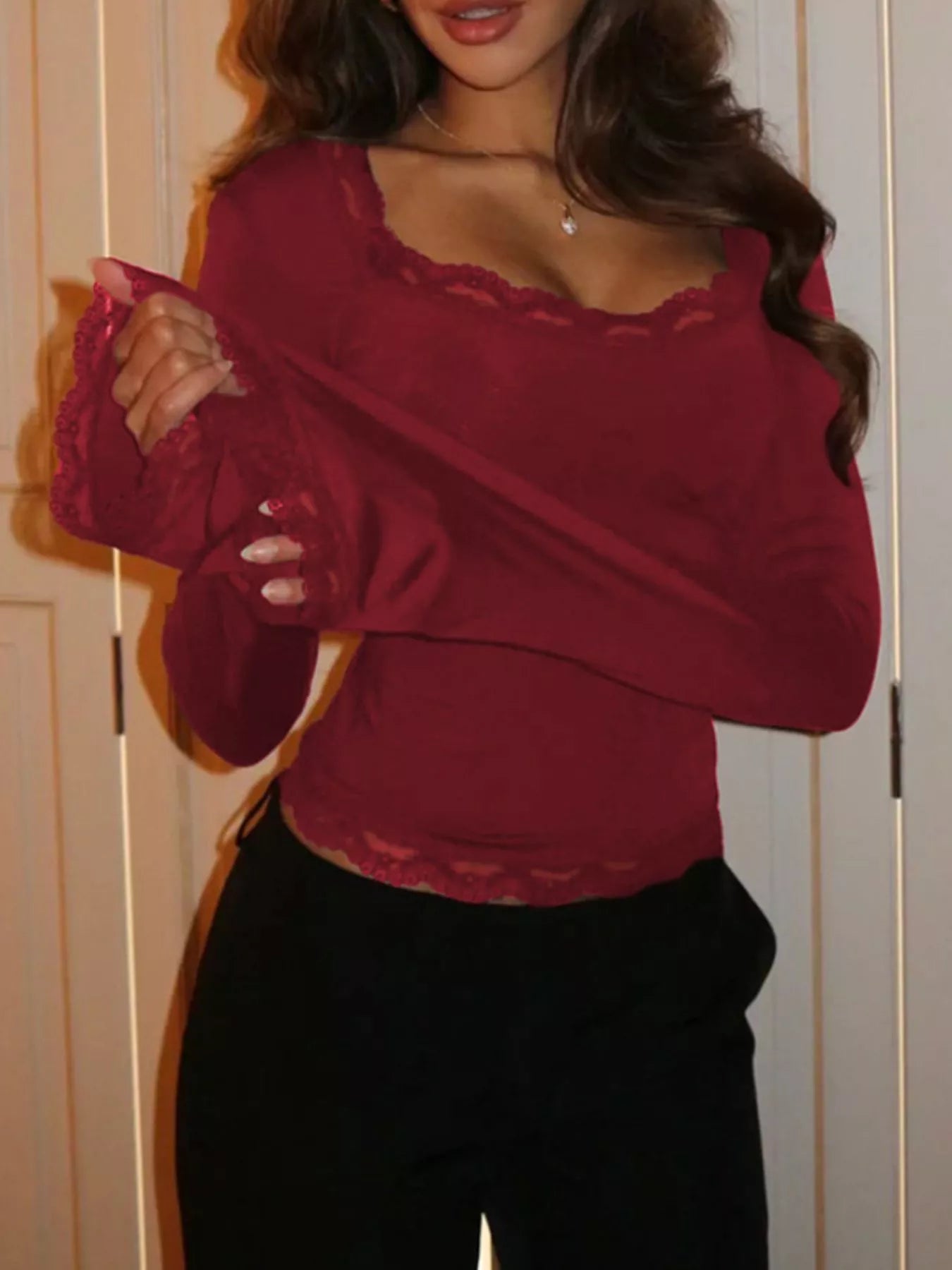 Lace Trim Top - Square Neck Long Sleeve Fitted - Fashions Envy