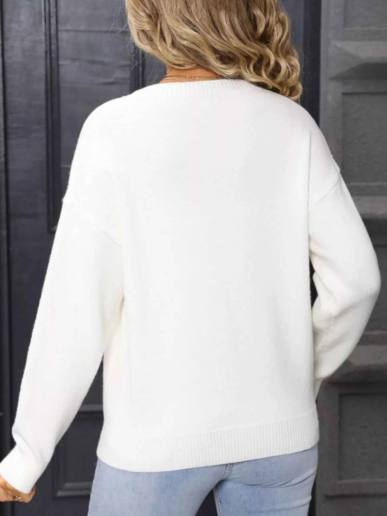 Valentine's Day Heart Round Neck Dropped Shoulder Sweater - Fashions Envy