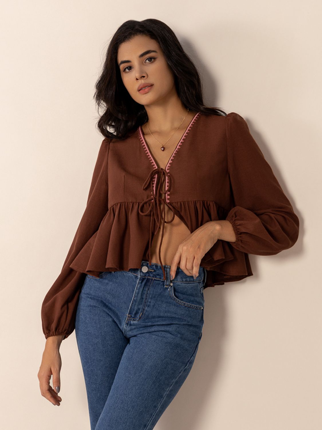 Brown Peplum Tied V-Neck Long Sleeve Blouse