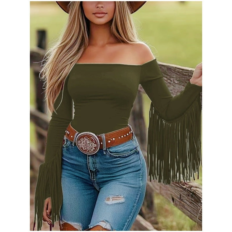 Western Cowgirl Off-Shoulder Fringe Slim Fitted Top