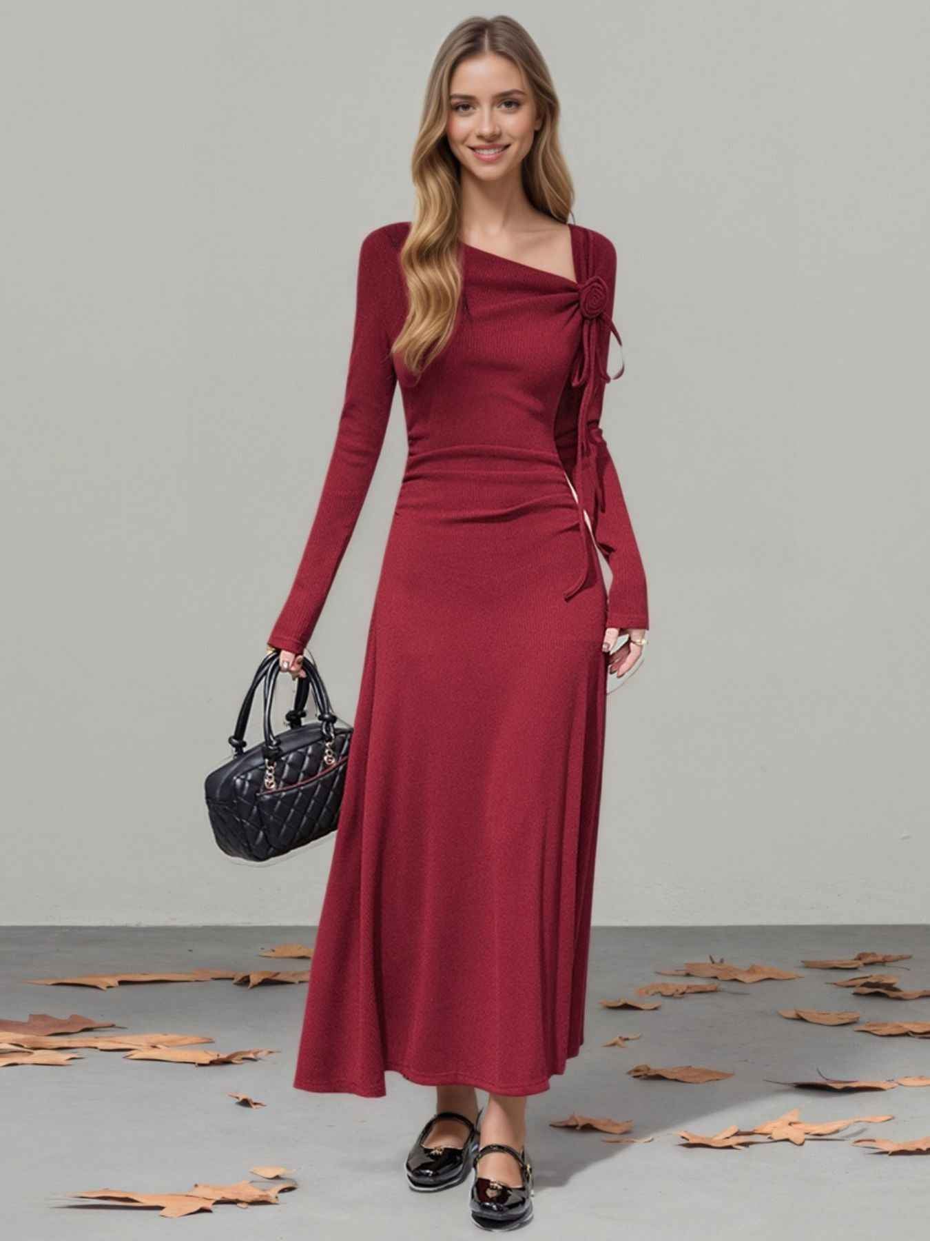 Long Sleeve Maxi Dress - Flower Asymmetrical Neckline Gown