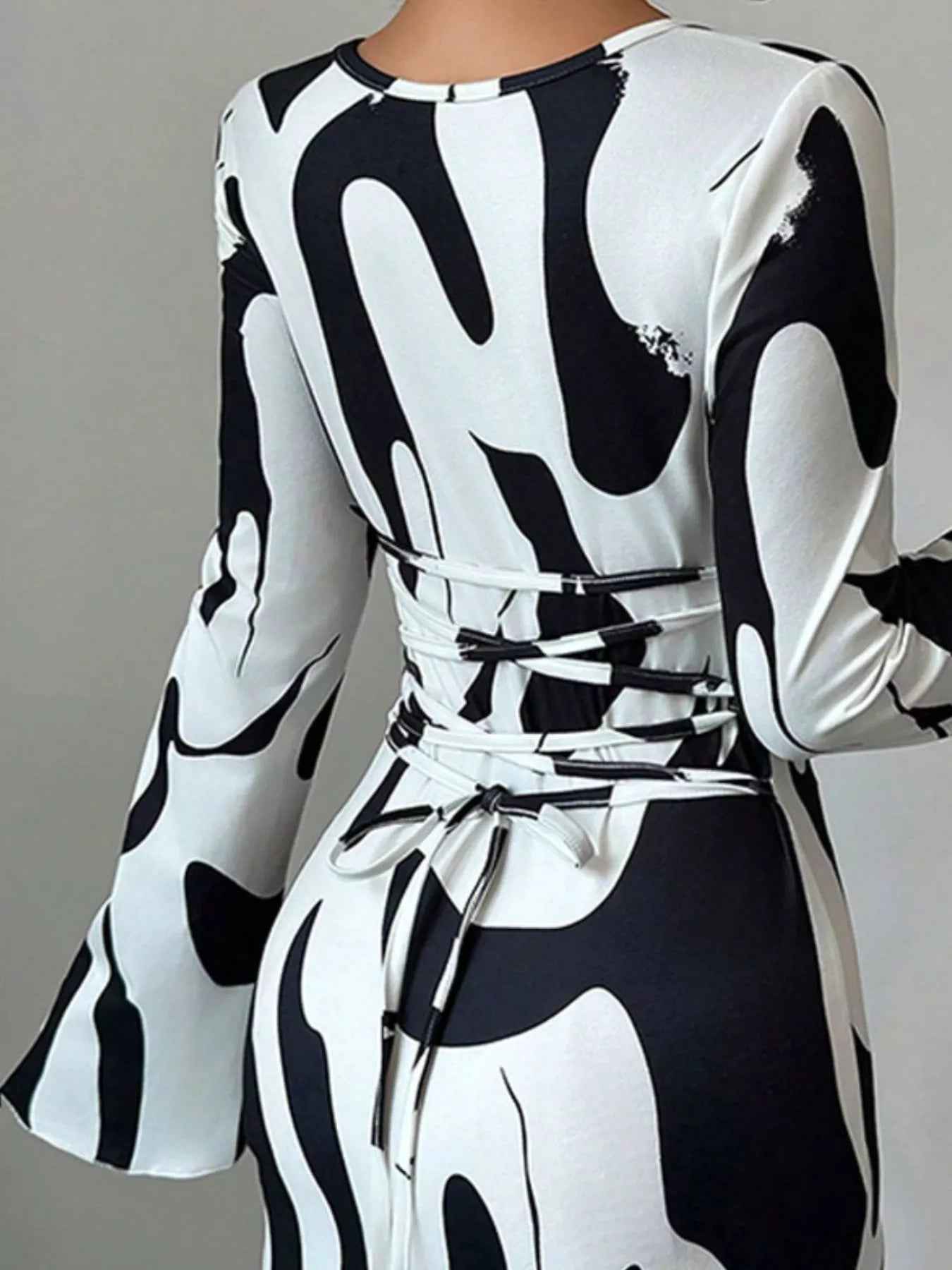 Abstract Print Maxi Dress - Long Sleeve Tie Back Style - Fashions Envy