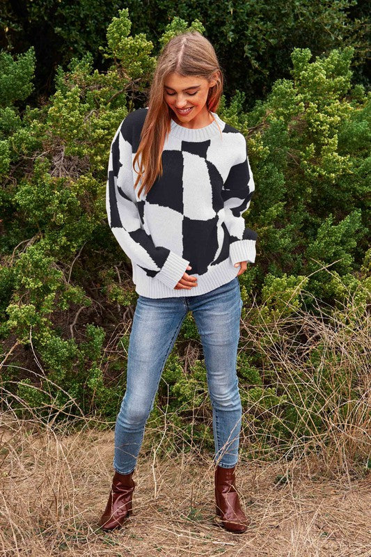 Oversized Multi Geo Checker Pullover Knit Sweater
