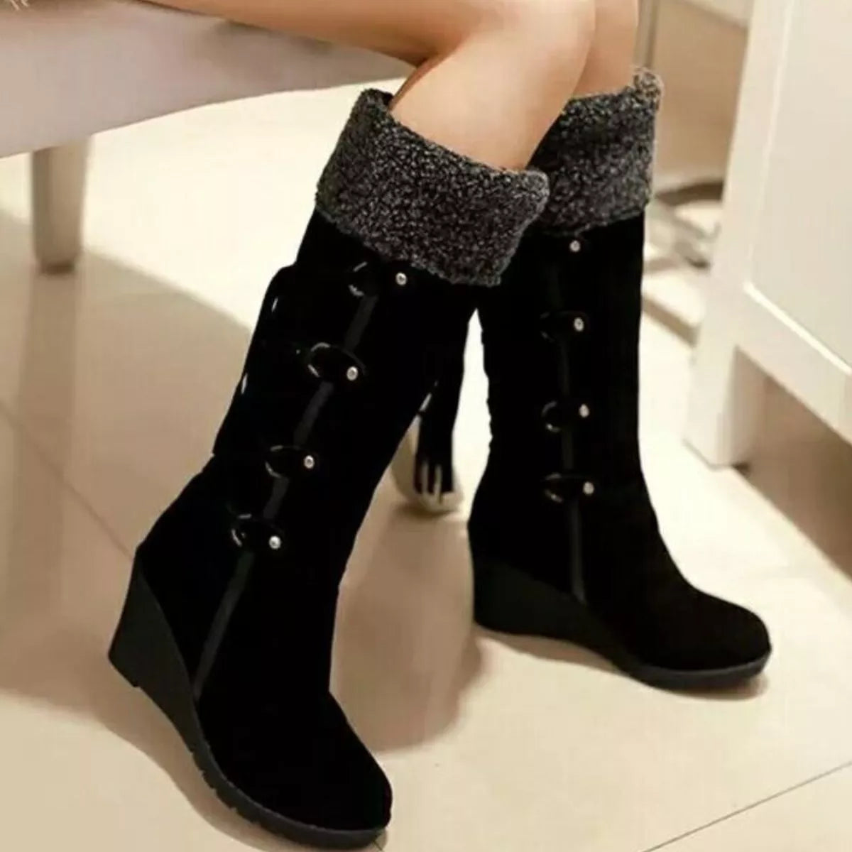 Suede Wedge Boots with Fur Cuff - Fashions Envy