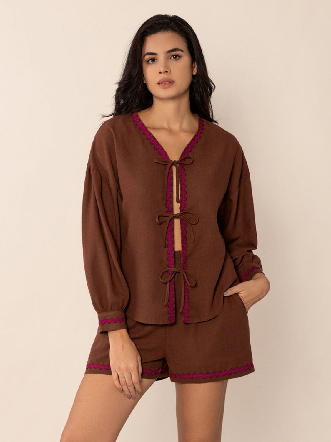 Brown Tied V-Neck Long Sleeve Top and Shorts Set