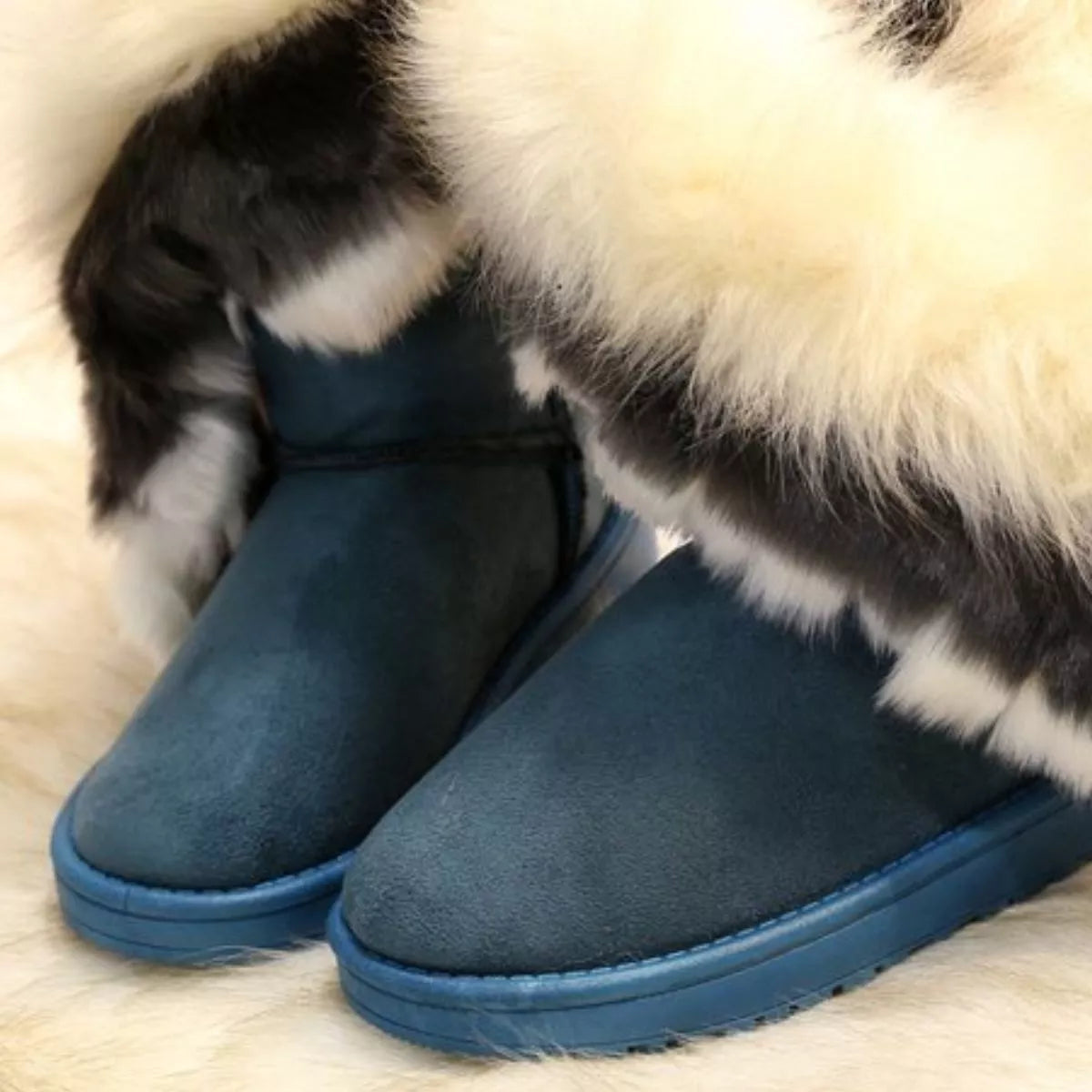 Fluffy Fur Cuff Round Toe Boots - Fashions Envy