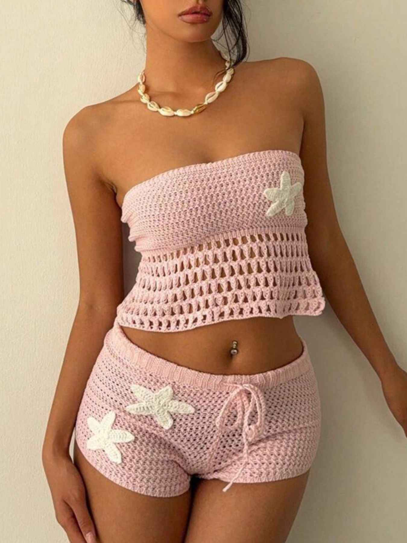 Crochet Tube Top and Shorts Sweater Set
