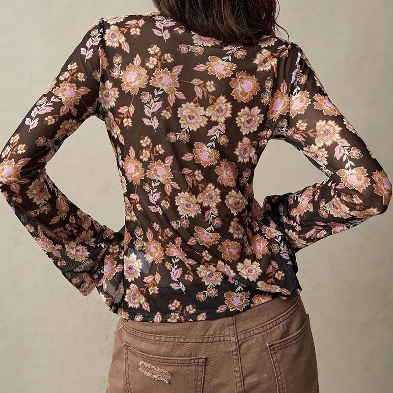 Long Sleeve V Neck Ruched Button Down Floral Shirt