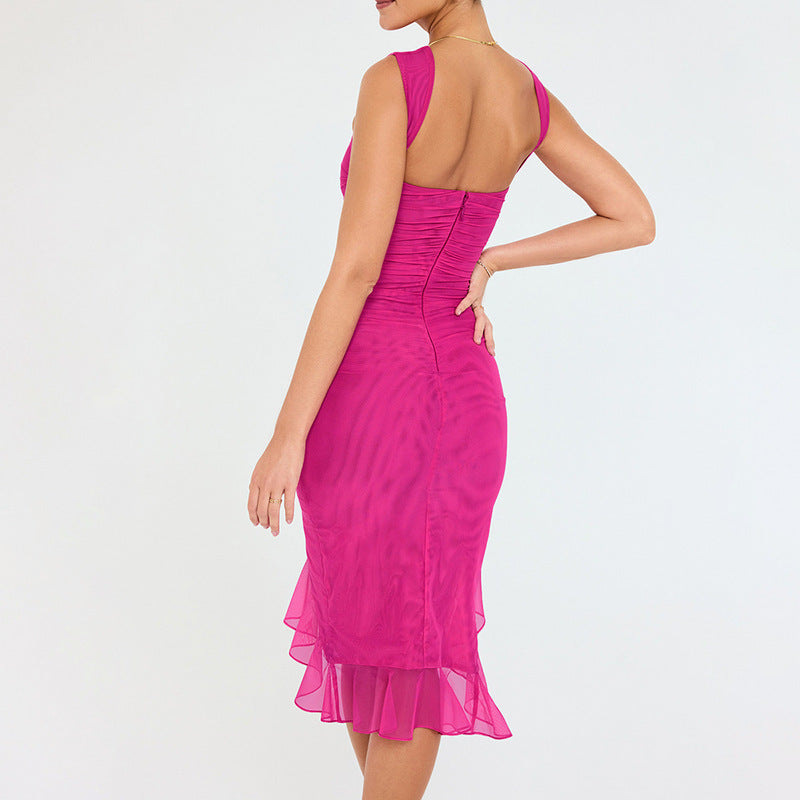 High-Neck Ruffle Hem solid Color Midi Dress