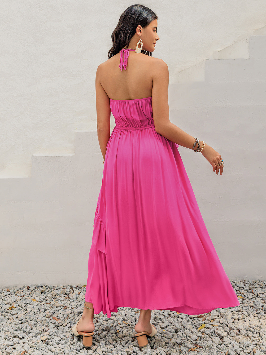 Hot Pink Ruffled Halter Neck Maxi Dress