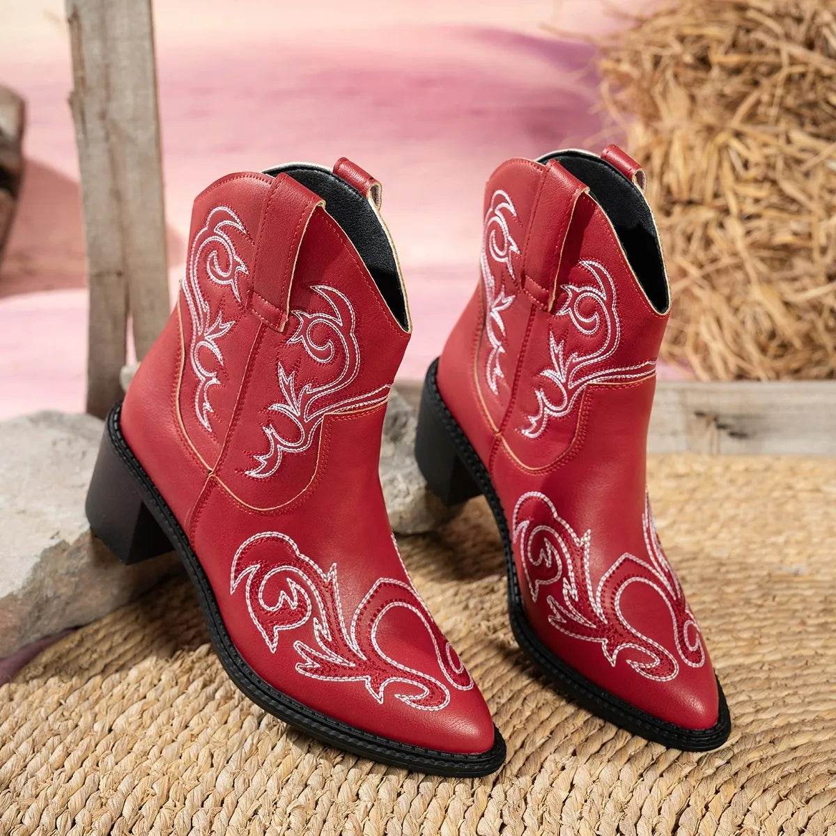 Point Toe Block Heels Boots - Mid Heel Ankle Boots - Fashions Envy