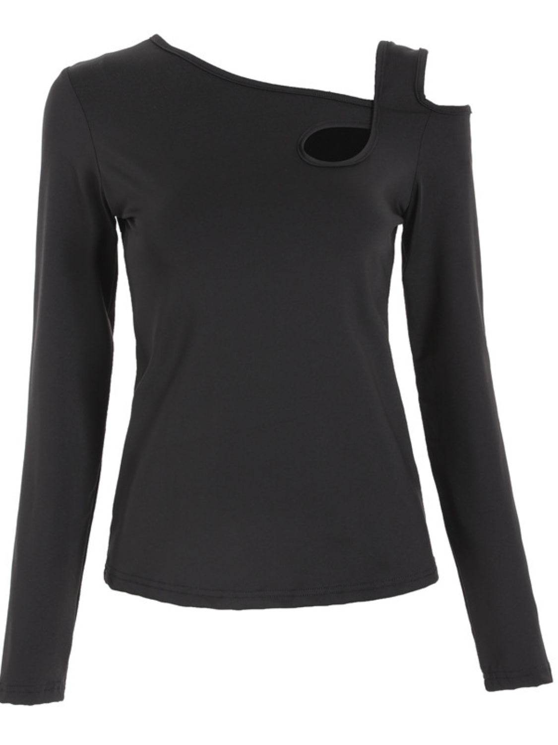 Cutout Asymmetrical Neck Long Sleeve T-Shirt - Fashions Envy