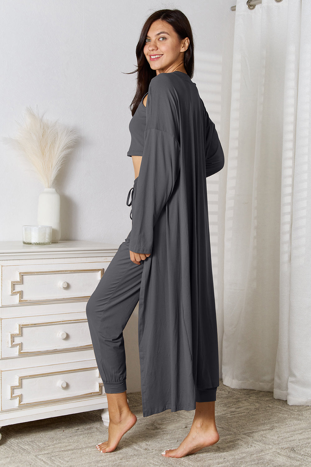 Crop Tank Top & Capri Pants with Long Cardigan Set