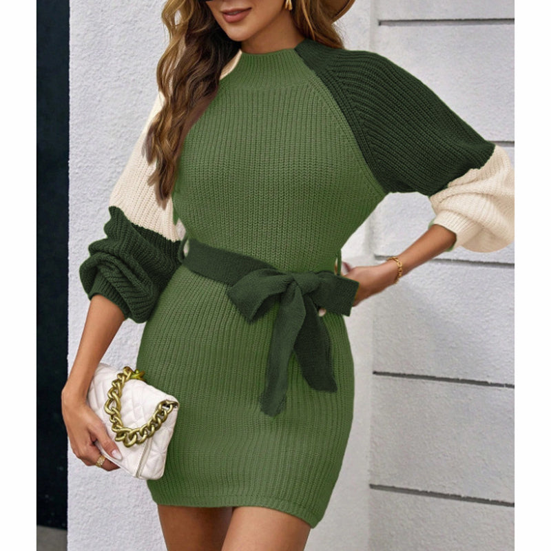 Color Block Sweater Dress - Midi Bodycon with Tie Waist